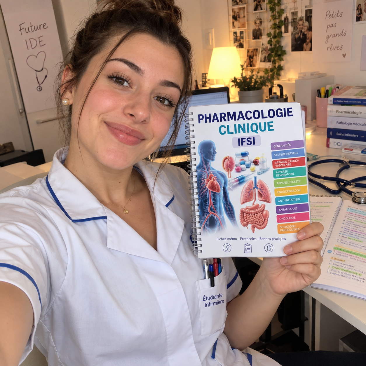 Camille en révision avec les fiches PHARMA-PASS