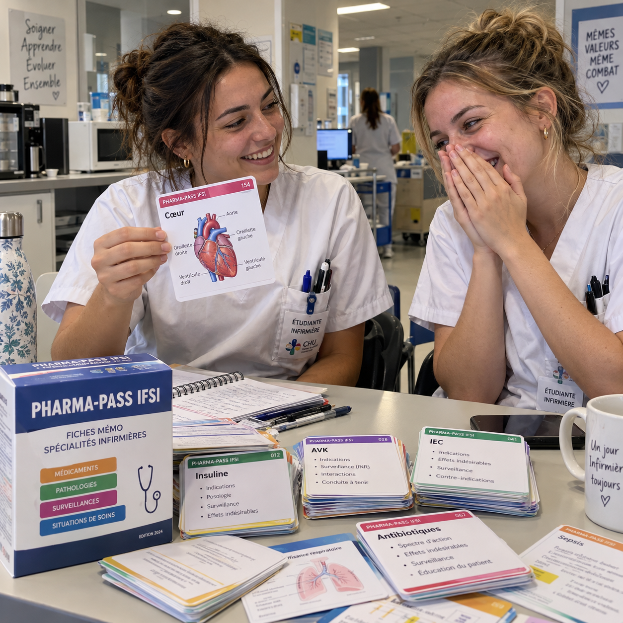 Binôme d'étudiantes révisant en pause de garde
